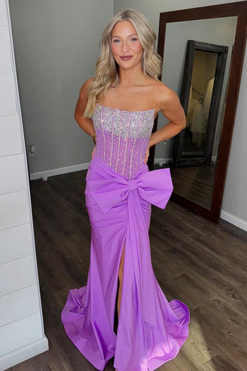 Sparkly Blue Mermaid Beaded Strapless Long Corset Prom Dress with Slit