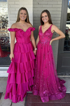 Fuchsia Off the Shoulder Ruffles Satin Long Corset Prom Dress