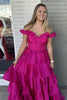 Load image into Gallery viewer, Fuchsia Off the Shoulder Ruffles Satin Long Corset Prom Dress