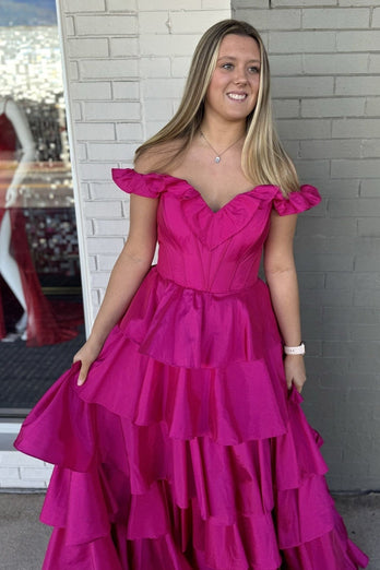 Fuchsia Off the Shoulder Ruffles Satin Long Corset Prom Dress