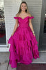 Load image into Gallery viewer, Fuchsia Off the Shoulder Ruffles Satin Long Corset Prom Dress