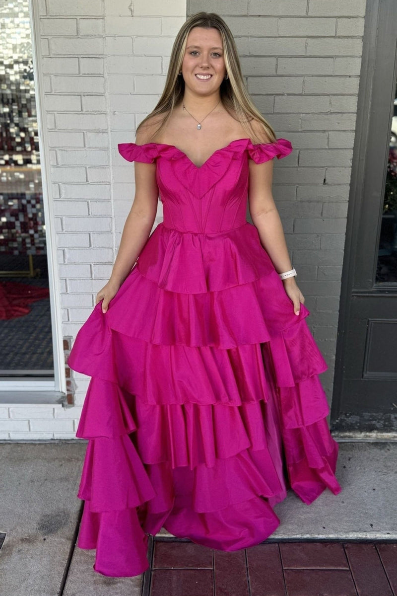 Load image into Gallery viewer, Fuchsia Off the Shoulder Ruffles Satin Long Corset Prom Dress