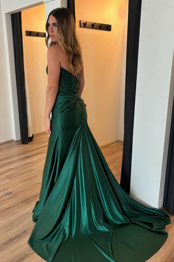 Sparkly Dark Green Mermaid Strapless Satin Long Corset Prom Dress with Slit