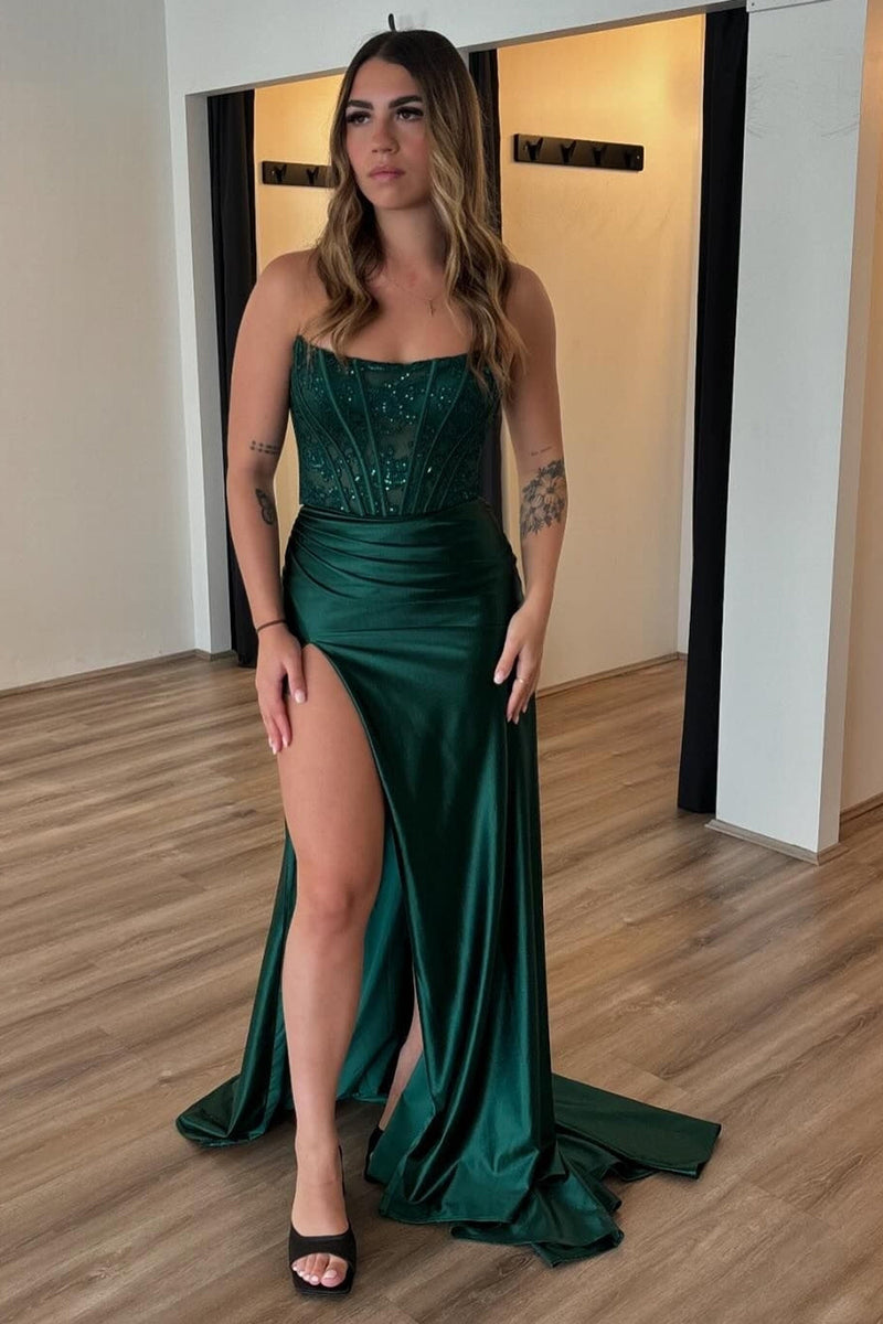 Load image into Gallery viewer, Sparkly Dark Green Mermaid Strapless Satin Long Corset Prom Dress with Slit