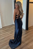 Load image into Gallery viewer, Sparkly Black Spaghetti Straps Mermaid Appliques Long Corset Prom Dress with Slit