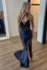 Load image into Gallery viewer, Sparkly Black Spaghetti Straps Mermaid Appliques Long Corset Prom Dress with Slit