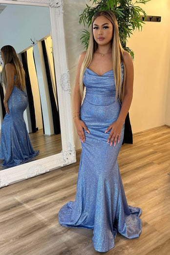 Sparkly Grey Blue Spaghetti Straps Mermaid Lace-Up Back Long Prom Dress