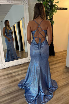 Sparkly Grey Blue Spaghetti Straps Mermaid Lace-Up Back Long Prom Dress