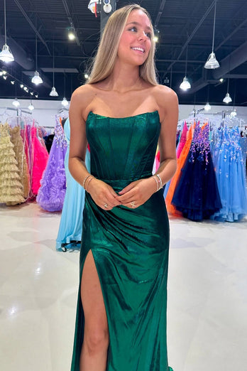 Sparkly Dark Green Mermaid Long Corset Prom Dress with Slit