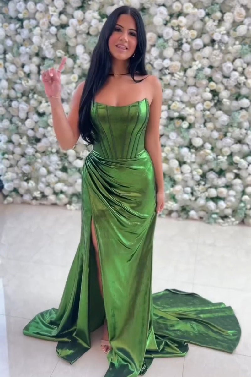 Load image into Gallery viewer, Sparkly Dark Green Mermaid Long Corset Prom Dress with Slit