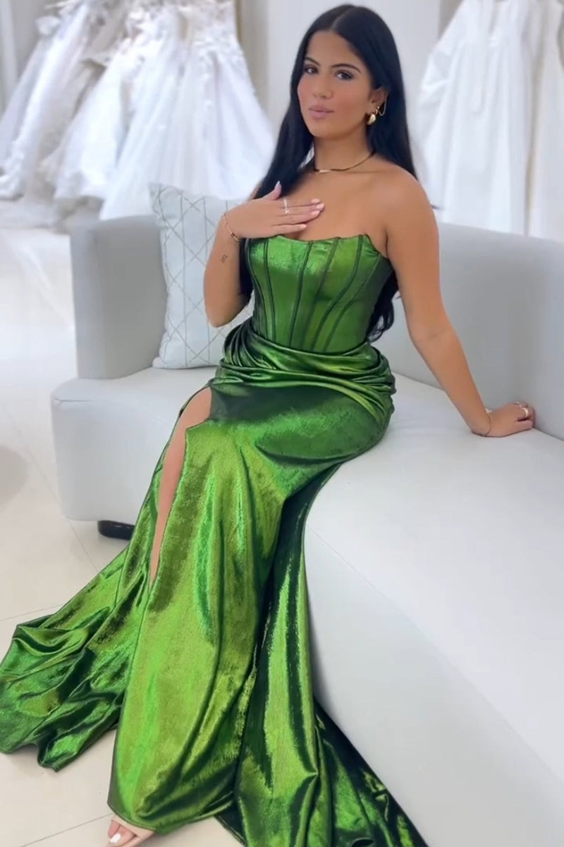 Load image into Gallery viewer, Sparkly Dark Green Mermaid Long Corset Prom Dress with Slit