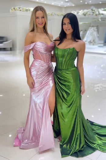 Sparkly Dark Green Mermaid Long Corset Prom Dress with Slit