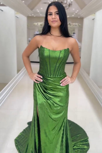 Sparkly Dark Green Mermaid Long Corset Prom Dress with Slit