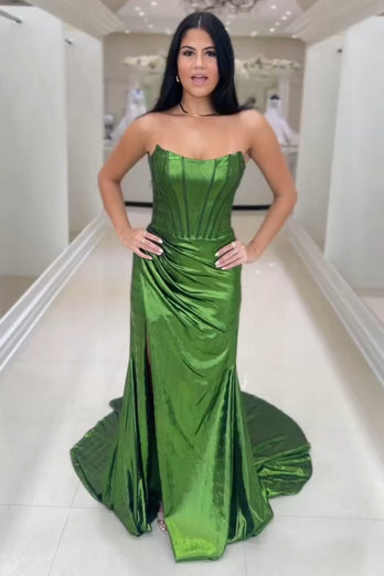 Sparkly Dark Green Mermaid Long Corset Prom Dress with Slit