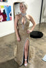 Load image into Gallery viewer, Sparkly Champagne Mermaid Halter Sequins Beaded Long Prom Dress with Slit