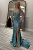 Load image into Gallery viewer, Sparkly Grey Green Mermaid Off The Shoulder Long Corset Prom Dress with Slit