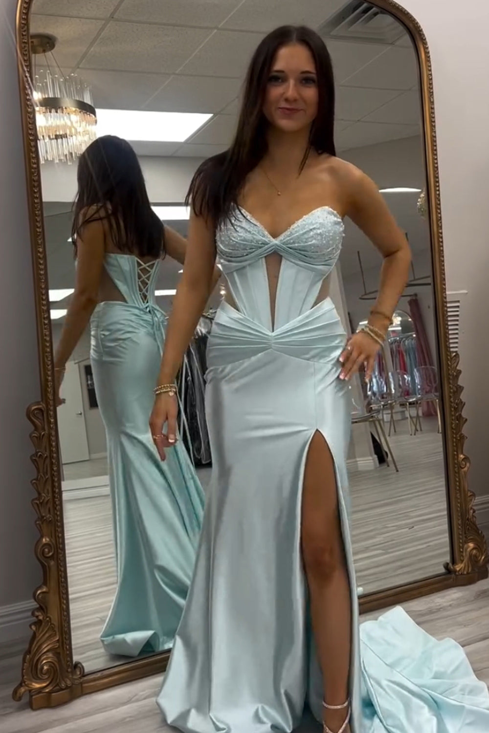 Sparkly Light Green Mermaid Sweetheart Long Corset Prom Dress with Slit