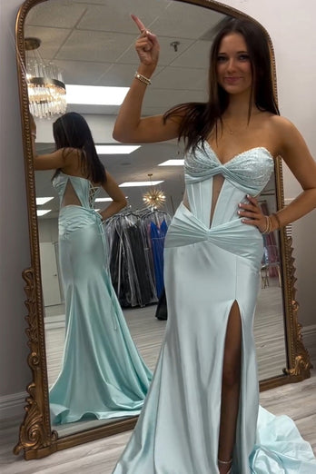 Sparkly Light Green Mermaid Sweetheart Long Corset Prom Dress with Slit