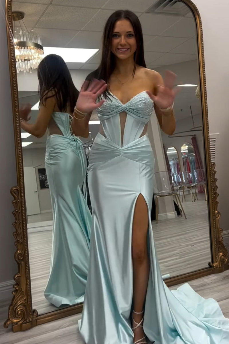 Load image into Gallery viewer, Sparkly Light Green Mermaid Sweetheart Long Corset Prom Dress with Slit