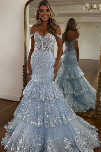 Sparkly Light Blue Off the Shoulder Ruffles Tulle Long Corset Prom Dress