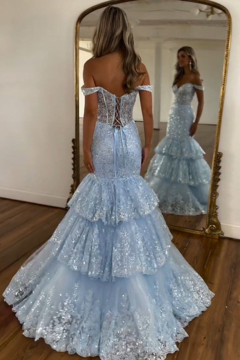 Load image into Gallery viewer, Sparkly Light Blue Off the Shoulder Ruffles Tulle Long Corset Prom Dress