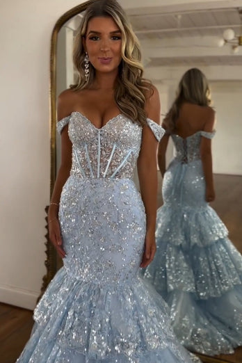 Sparkly Light Blue Off the Shoulder Ruffles Tulle Long Corset Prom Dress