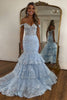 Load image into Gallery viewer, Sparkly Light Blue Off the Shoulder Ruffles Tulle Long Corset Prom Dress