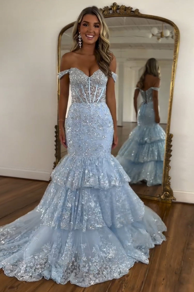 Load image into Gallery viewer, Sparkly Light Blue Off the Shoulder Ruffles Tulle Long Corset Prom Dress