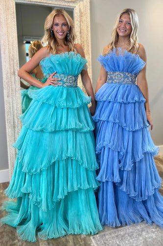 Sparkly Blue Strapless Ruffles Beaded Long Prom Dress