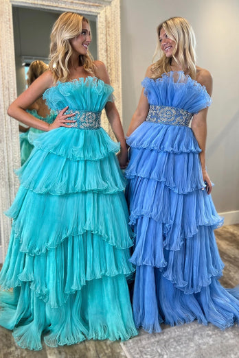 Sparkly Blue Strapless Ruffles Beaded Long Prom Dress