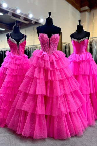 Sparkly Fuchsia A-Line Sweetheart Ruffles Long Corset Prom Dress