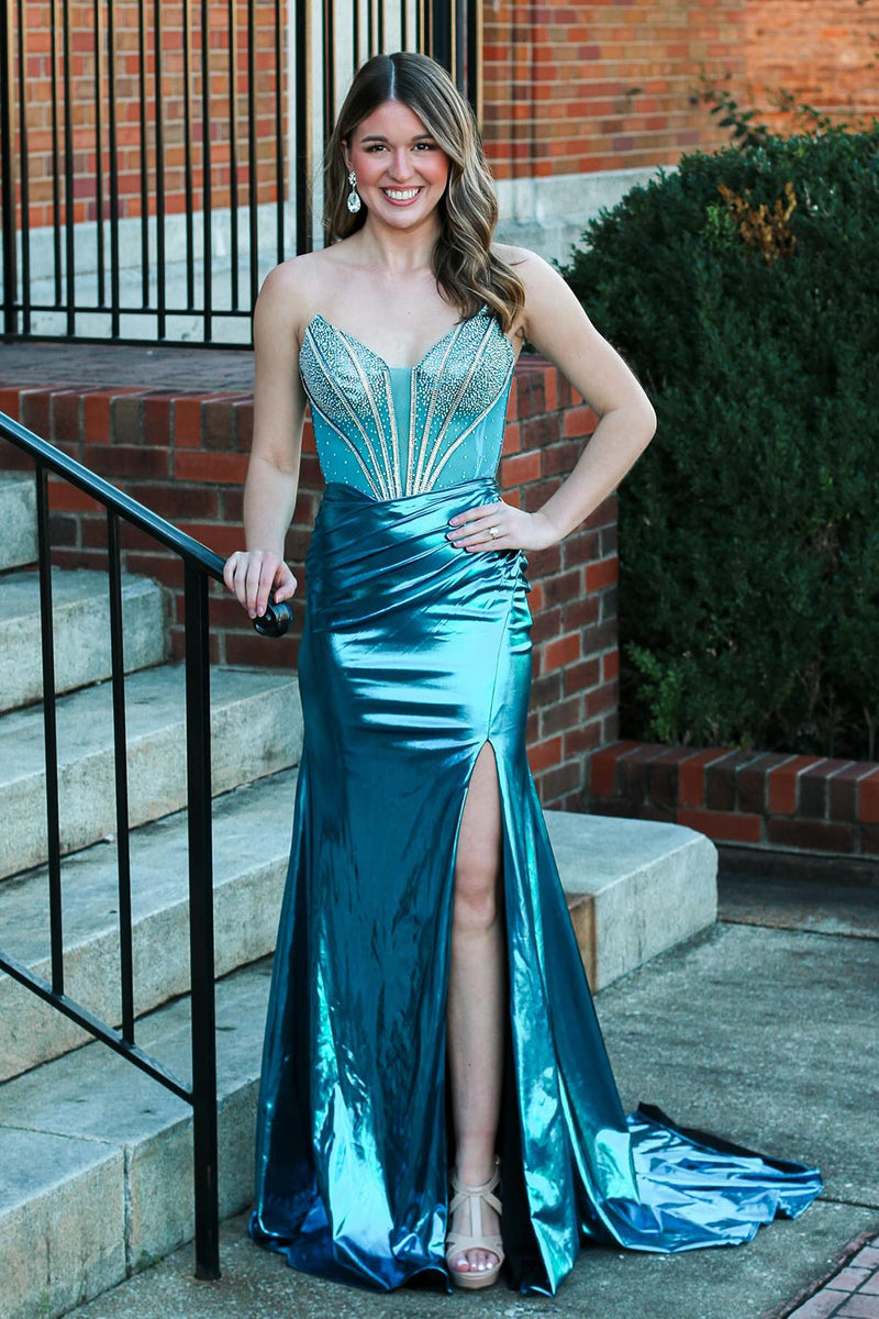 Load image into Gallery viewer, Sparkly Peacock Blue Beaded Strapless Long Corset Prom Dress with Slit