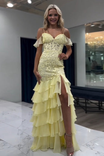 Yellow Cold Shoulder Tiered Chiffon Long Corset Prom Dress with Slit