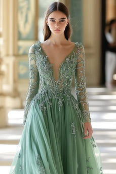 Floral Sage V-Neck Sparkly Corset Long Formal Dress with Sleeves