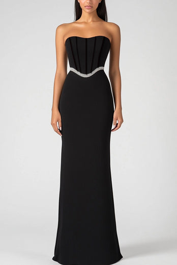 Black Strapless Corset Long Formal Dress with Beading Belt