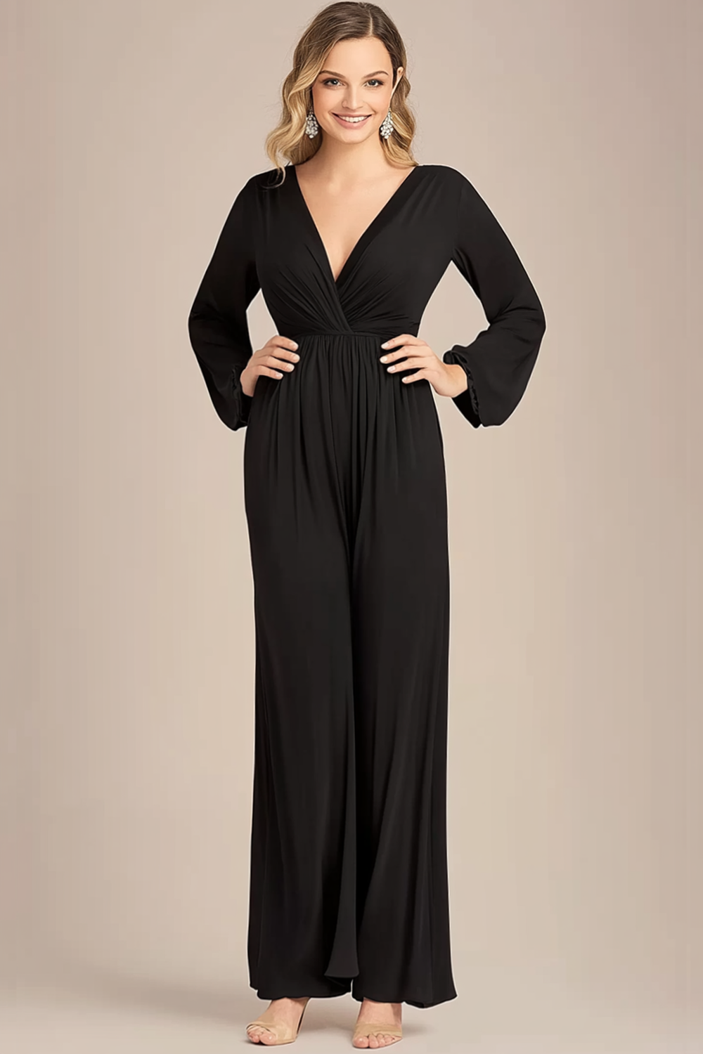 Black Chiffon V-Neck Jumpsuit with Long Sleeves