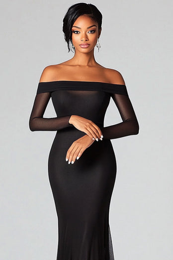 Black Off the Shoulder Mmermaid Long Formal Dress with Sleeves