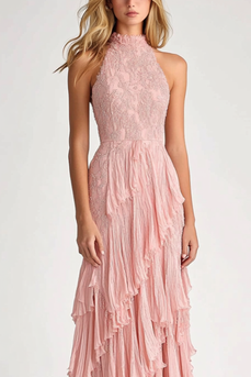 Blush Chiffon Tiered High Neck Long Formal Dress with Lace