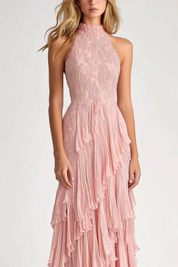 Blush Chiffon Tiered High Neck Long Formal Dress with Lace