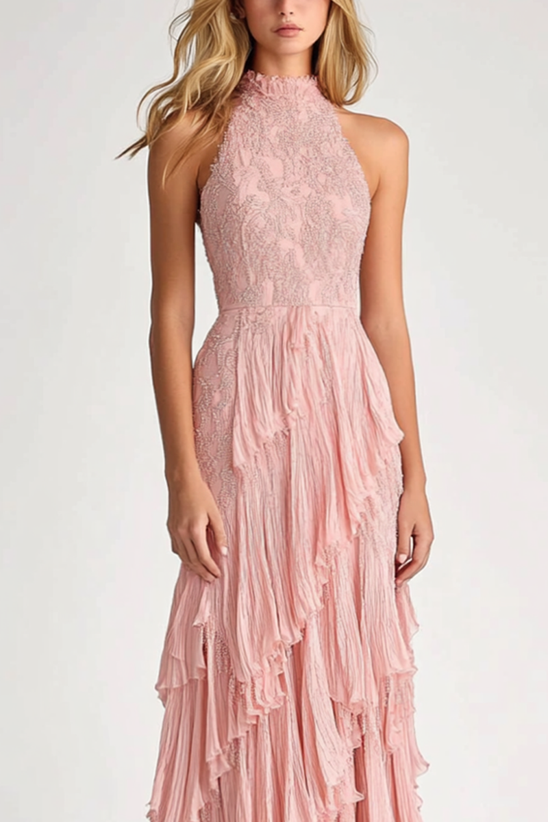 Load image into Gallery viewer, Blush Chiffon Tiered High Neck Long Formal Dress with Lace