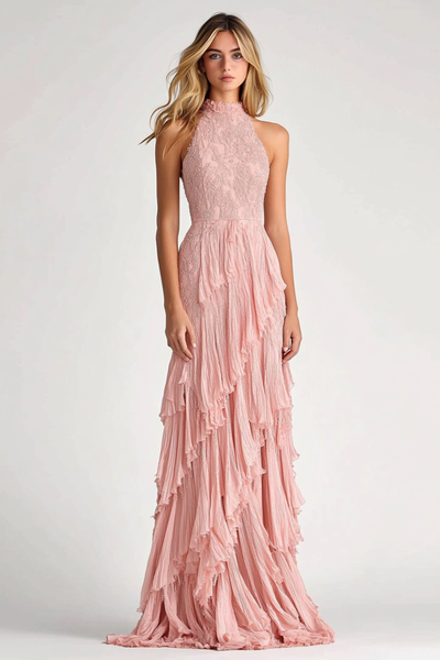 Blush Chiffon Tiered High Neck Long Formal Dress with Lace