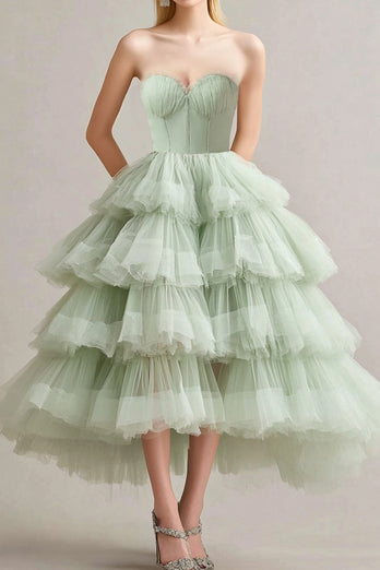 Sage Sweetheart Tulle Tiered Tea Length Long Formal Dress