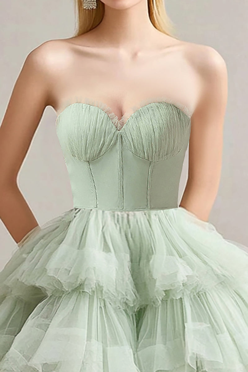 Load image into Gallery viewer, Sage Sweetheart Tulle Tiered Tea Length Long Formal Dress