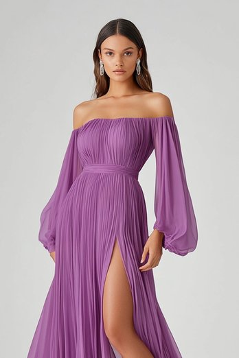 Purple Chiffon Pleated Off the Shoulder Long Formal Dress with Slit