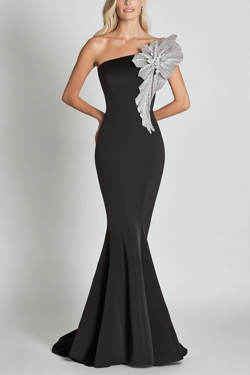 Load image into Gallery viewer, Black One Shoulder Satin Long Formal Dress with Sequined Flower