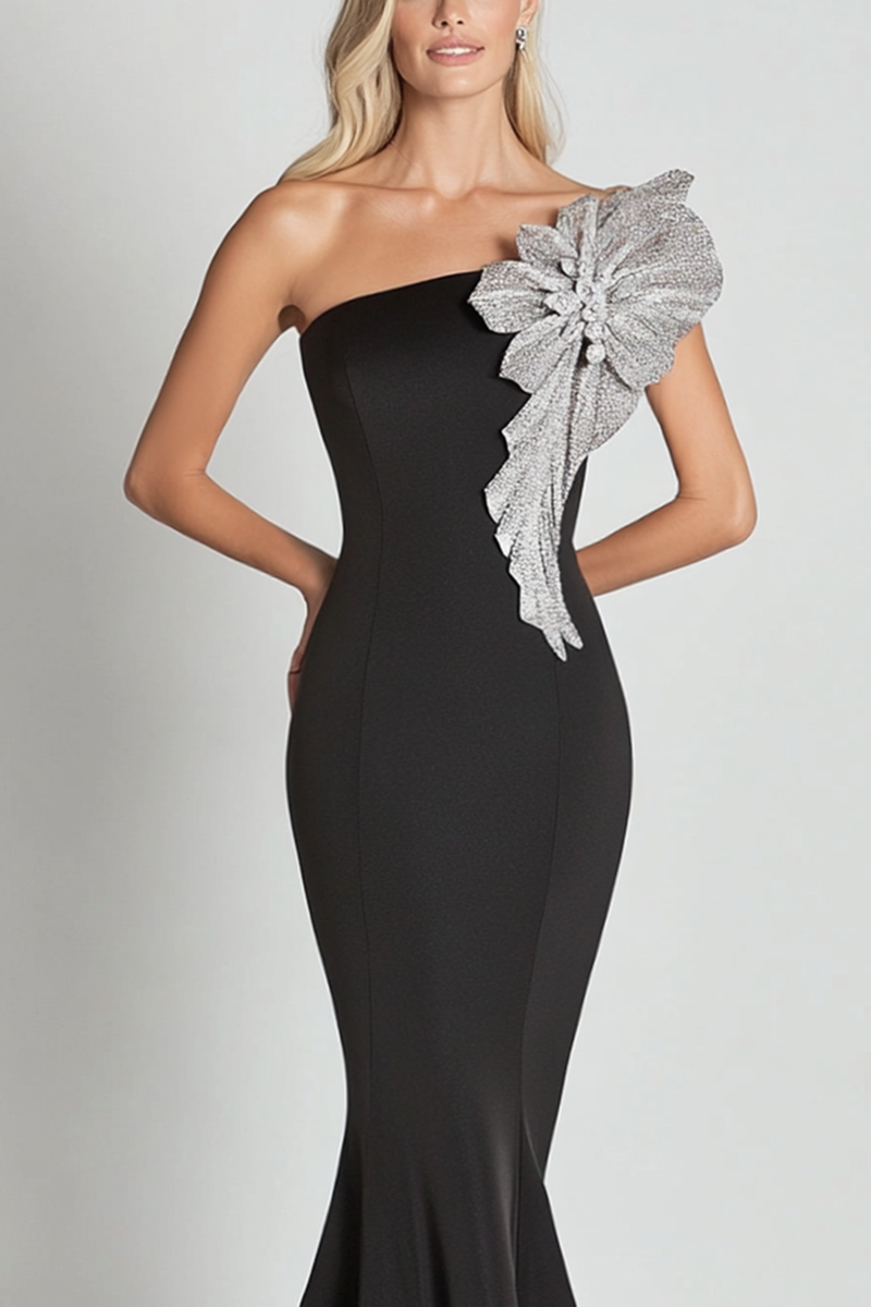 Load image into Gallery viewer, Black One Shoulder Satin Long Formal Dress with Sequined Flower