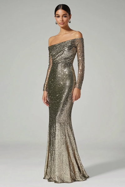 Sparkly Golden Sequin Off the Shoulder Long Formal Dress with Long Sleeves