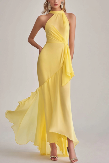 Daffodil Chiffon Asymmetrical Ruffled Long Formal Dress