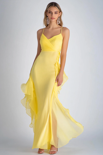 Daffodil Spaghetti Straps Chiffon Long Formal Dress with Ruffles