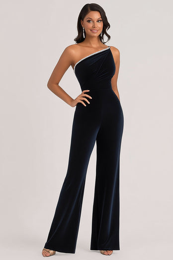 Navy One Shoulder Velvet Prom Jumpsuit with Beading